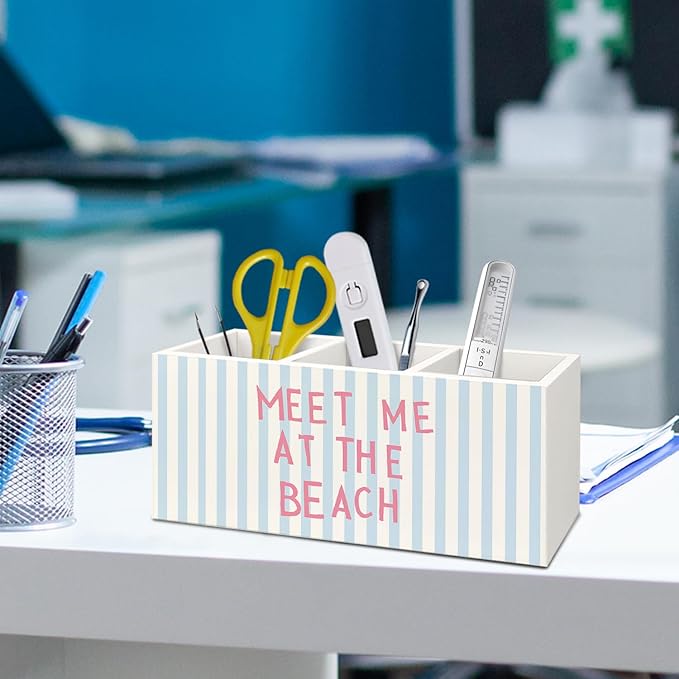 Preppy Coastal Beach Wooden Utensils Holder, Coastal Kitchen Decor, Meet Me at the Beach Blue Striped Wood Cooking Utensil Holder Organizer for Kitchen Countertop Counter Decor