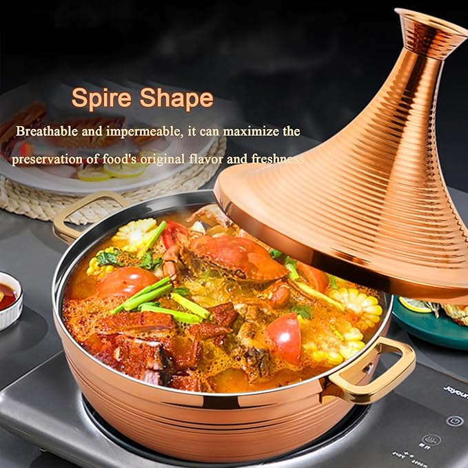 Stainless Steel Moroccan Tagine Pot, Large Moroccan Tajine Casserole with Cone-Shaped Lid, Non Stick Tagine Cooking Pot with 2 Handles(26cm/10.2in, Silver)