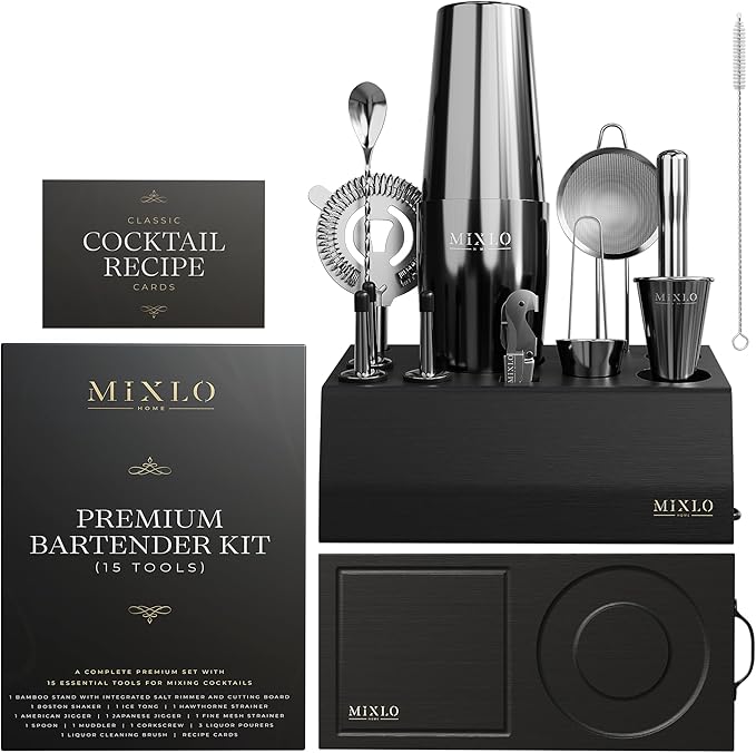 Mixology Bartender Kit - 15Pcs Bar Set Cocktail Shaker Set w Black Bar Cart Accessories Stand - Shakers Bartending Gun Metal Black Tools, 24oz Shaker, 17 Recipe Cards, Martini Barware