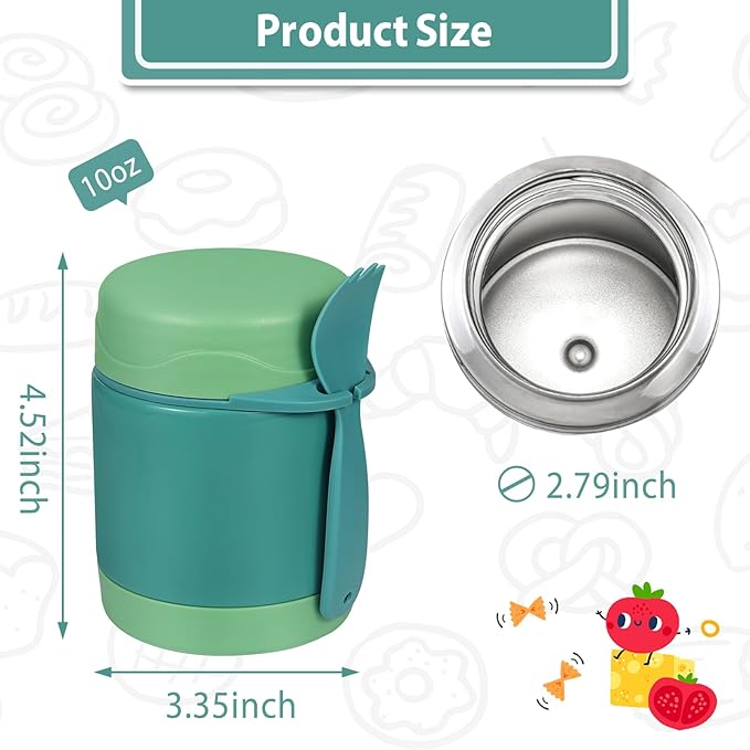10oz Soup Thermo for Hot Food Kids,Lunch Thermo Kids Food Jar with Spoon Hot Insulated Food Containers,Leak Proof Stainless Steel Wide Mouth Lunch Thermo Jar for School(Green)