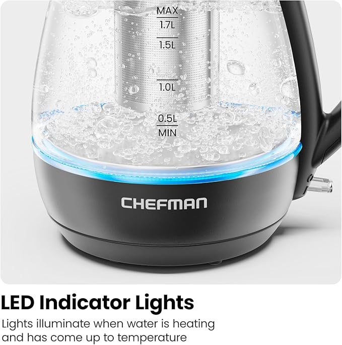 Chefman Electric Kettle with Tea Infuser, 1.7L 1500W, Removable Lid for Easy Cleaning, Boil-Dry Protection, Stainless Steel Filter, BPA Free, Auto Shut Off Hot Water Boiler, Glass Electric Tea Kettle