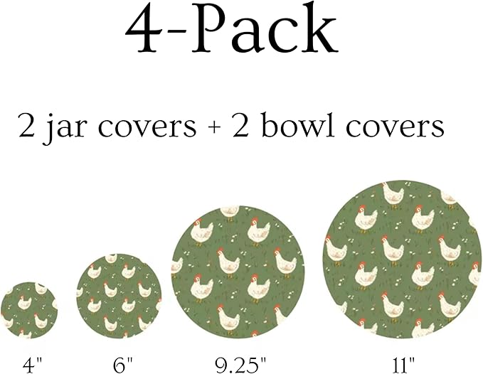 (4-Pack) Sourdough Reuseable Jar & Bowl Covers | Cute Baking Gift | 100% Cotton | Washable | Bread Proofing | Kitchen Food Storage Gifting | Starter Cover Lid Kit (Chickens)