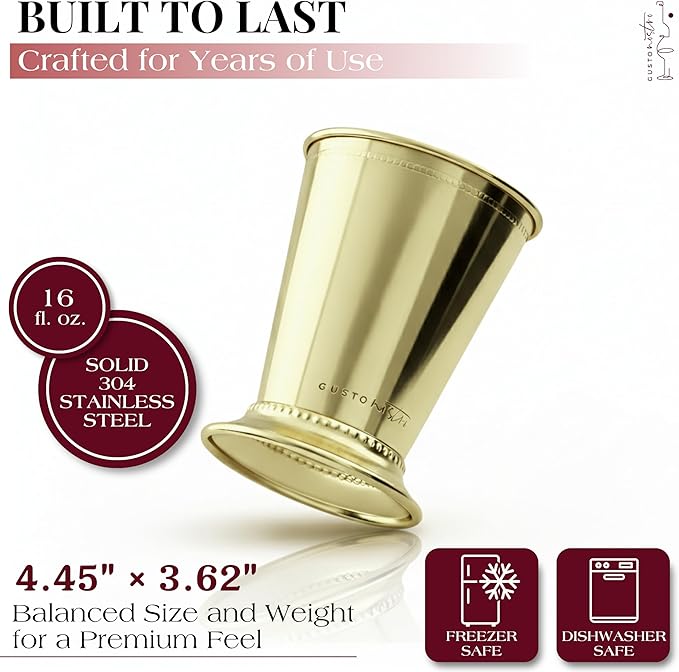 Gusto Nostro Mint Julep Cups Set of 4 - Stainless Steel Julep Cup Kit with Straws, Muddler, Spoon, Recipes, Vases - Southern-style Cocktail Glasses for Home Bar - Stainless Steel Cocktail Cups (Gold)