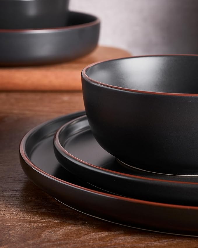 Famiware Mercury Dinnerware Sets with Mugs, Service for 6 (24 Pieces), Stoneware Plates and Bowls Sets, Microwave and Dishwasher Safe Dishes Set, Matte Black