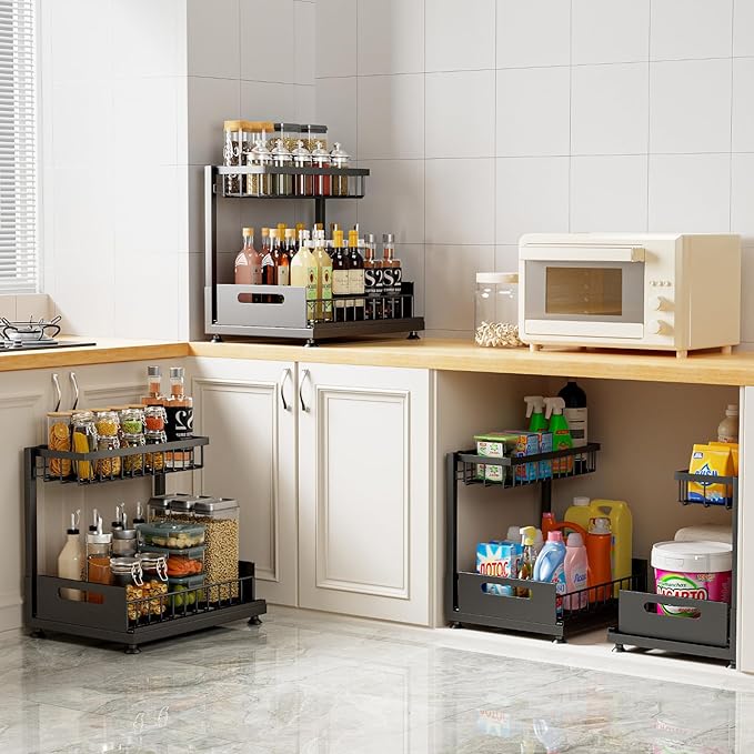Saydear Under Sink Organizer Storage 2-Tier Premium Metal Pull-Out Kitchen Cabinet Organizer with Sliding Drawer, Height Adjustable, Heavy Duty for Kitchen & Bathroom Organizers 1 Pack Black