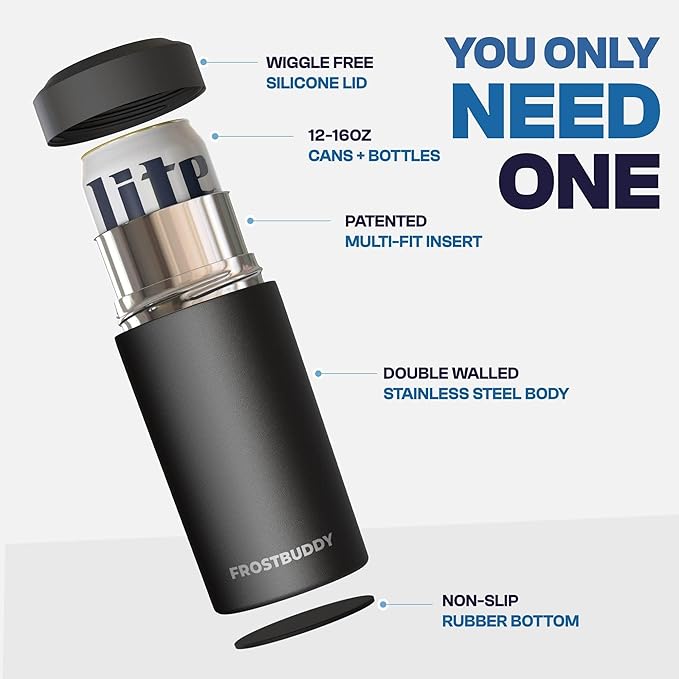 Frost Buddy Universal Can Cooler - Fits all - Stainless Steel Can Cooler for 12 oz & 16 oz Regular or Slim Cans & Bottles - Stainless Steel (Rogue)