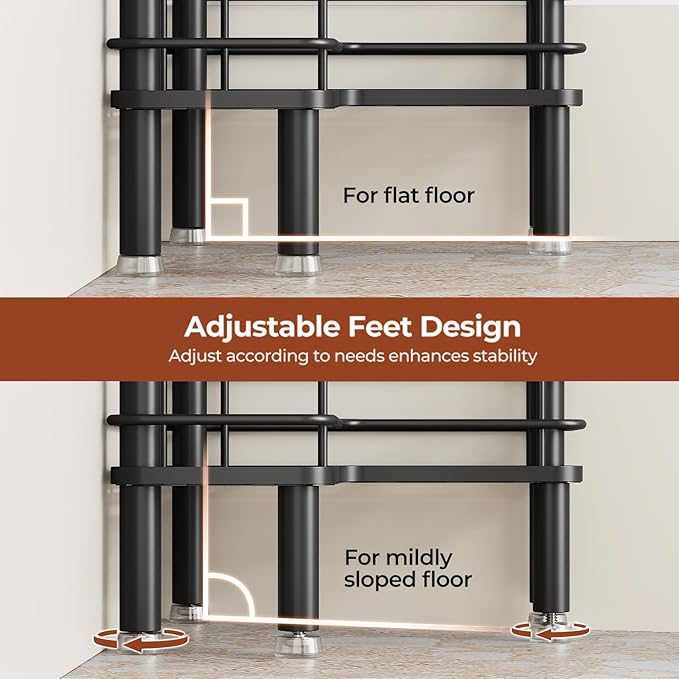 Orimade Rustproof 4 Tier Floor Standing Corner Shower Caddy Organizer with Toothbrush Holder, Large Spacing Floor Shower Shelf Rack Storage Stands with Hooks for Bathroom Kitchen, Black