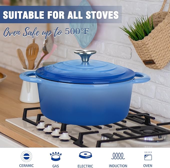 COOKWIN 6QT Enameled Cast Iron Dutch Oven with Lid, Heavy-Duty & Non-Stick Cookware Pot for Braising, Stews, Roasting, Bread Baking - Oven & Stovetop Safe