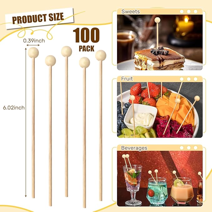 100PCS Rock Candy Sticks with Ball Tips,6 Inch Wood Swizzles Sticks,Natural Wood Cake & Drink Stirrer Sticks for Lollipop Coffee Appetizer Skewers (Natural wood)