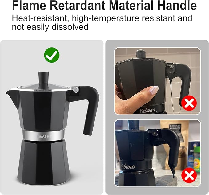 Sivaphe Aluminum Moka Pot 6 Espresso Cups, Percolator Espresso and Coffee Maker, Portable Stovetop Italian and Cuban Café Brewer for Home and Camping Black