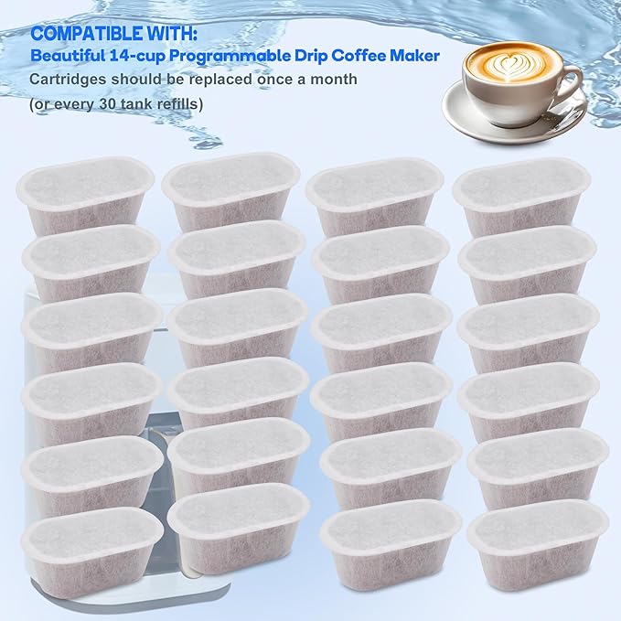 24 Pack Replacement Activated Charcoal Water Filter Cartridges for Beautiful 14-cup Programmable Drip Coffee Maker, Premium Water Filtration Pods Compatible with Drew Barrymore coffee makers