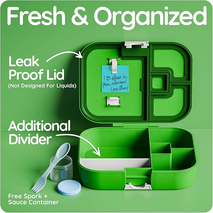YOOPI Lunch Boxes for Kids–Toddler Bento Box with 4 Leakproof Compartment Food Bentobox Container,Lunch Box for School with Lunchbox Containers, Lightweight Sandwich Box & Snack Box (Green)