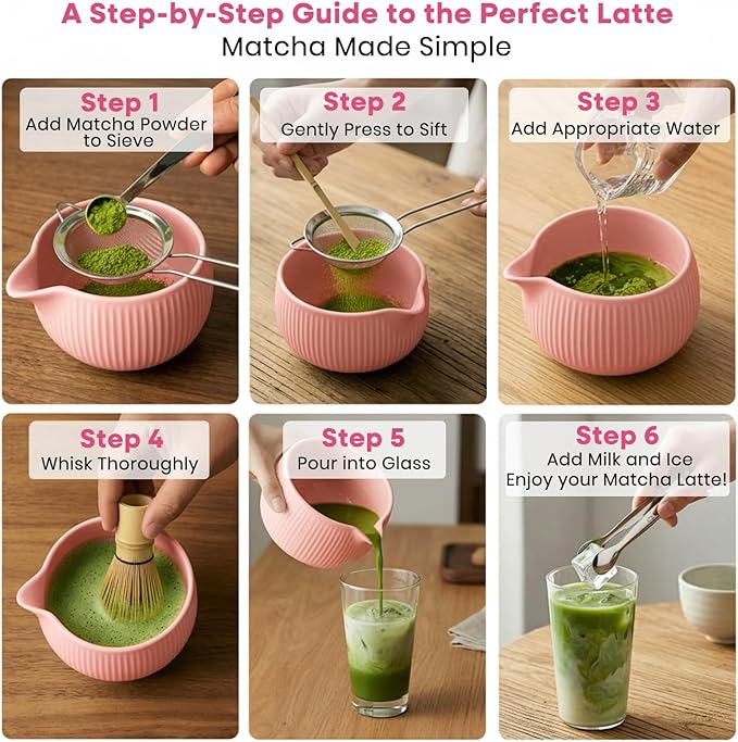 Matcha Whisk Set, 15PCS Ceramic Matcha Bowl Kit, Includes Bamboo Whisk & Holder, Glass Measuring Cup, Caddy, Sifter, Scoop, Tea Towel, Tea Mat, Making Sets for Lovers, Pink