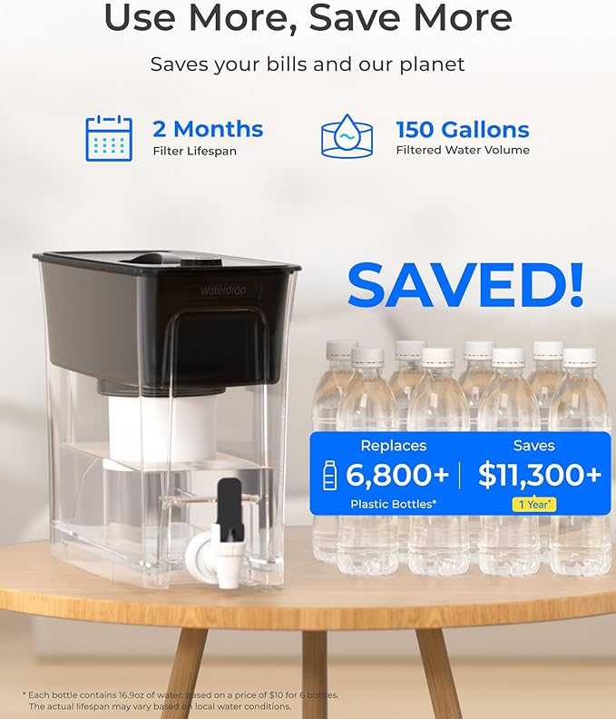 Waterdrop Fluoride-Reducing Water Filter Dispenser, 35-Cup, 150-Gallon Long-Life, Large Capacity, Reduces Chlorine, PFOA/PFOS and More, BPA Free, Black (with 1 Filter)