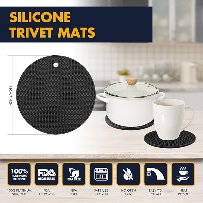 6 Pack Oven Mitts and Pot Holders Sets,Silicone Oven Mitts &Hot Pads,Long Cooking Gloves,Kitchen Trivet Mats,Kitchen Home Essentials,12.9" Mitts 7" Trivets (1*Pair Black Oven Mitts+4*Trivet)