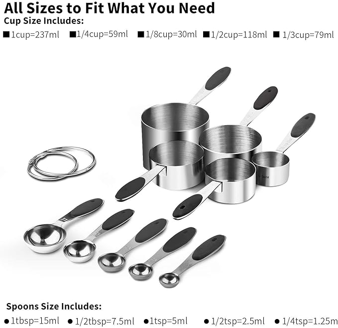 U-Taste 18/8 Stainless Steel Measuring Cups and Spoons Set of 10 Piece, Upgraded Thickness Handle and 1.5oz Heat Resistant Angled Turkey Baster with Cleaning Brush for Cooking Basting (Black)