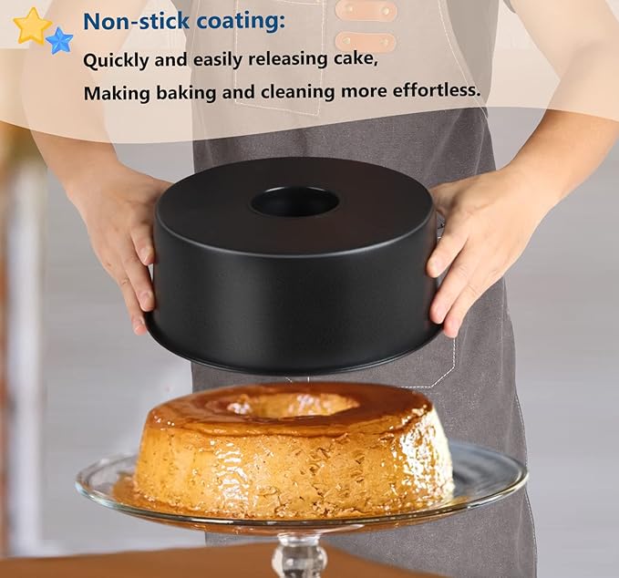 TeamFar 10 Inch Angel Food Cake Pan, Non-Stick Coating Stainless Steel Core Pound Cake Pan with Tube, Healthy & Heavy-Duty, One-piece & Hollow Design, Release Easily & Easy Clean, Set of 2