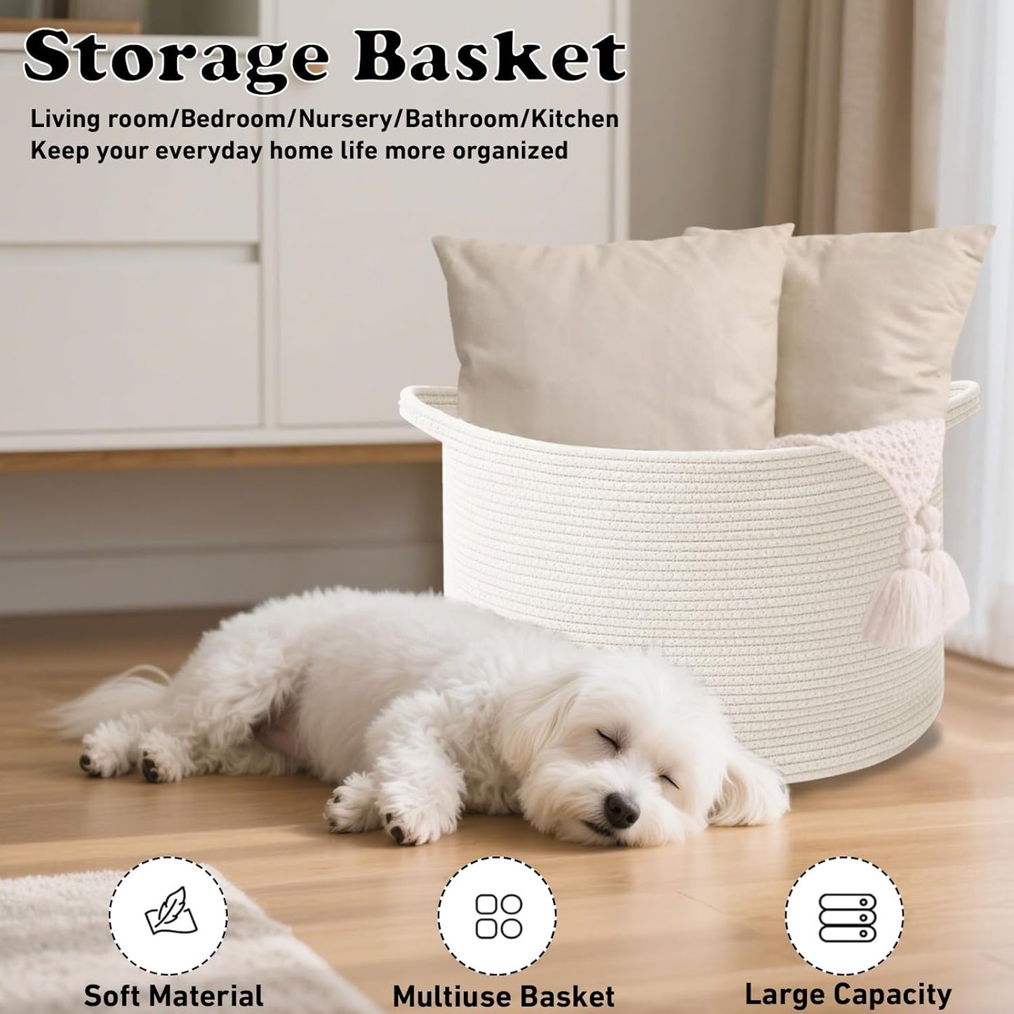 Large Blanket Basket for Organizing,65L Closet Organizers and Storage Bins Box for Shelves Woven Rope Storage Baskets,Living Room,Bedroom,Dorm,Laundry room (White)