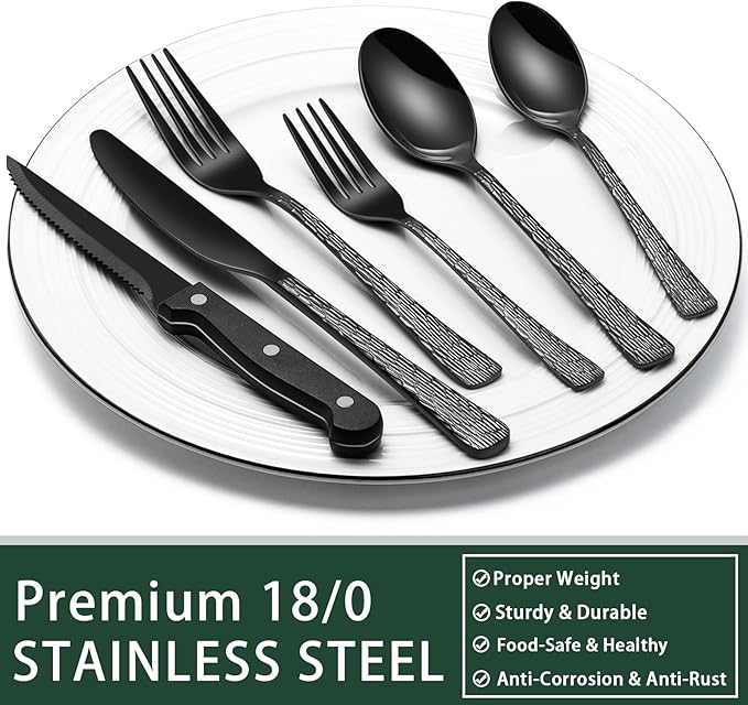 EWFEN 24-Piece Black Silverware Set with Steak Knives, Black Flatware Set for 4, Food-Grade Stainless Steel Tableware Cutlery Set, Mirror Finished Utensil Sets for Home Restaurant, Tree Pattern