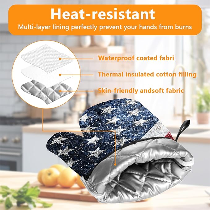 American Flag Oven Mitts and Pot Holders Sets 4Pcs Silicone Non-Slip Mitts Heat Resistant Gloves Hot Pads for Kitchen Cooking Baking Grilling BBQ