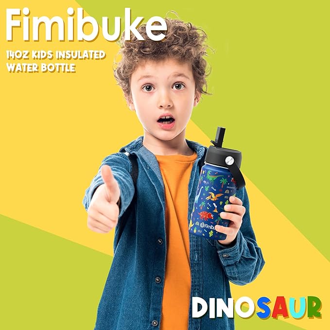 Fimibuke Kids Insulated Water Bottle, 14oz BPA FREE 18/8 Stainless Steel Travel Tumbler Double Wall Vacuum Leak Proof Kids Cup with Straw Metal Bottle for School Boys Girls(1 Pack, BLUE DINOSAUR)