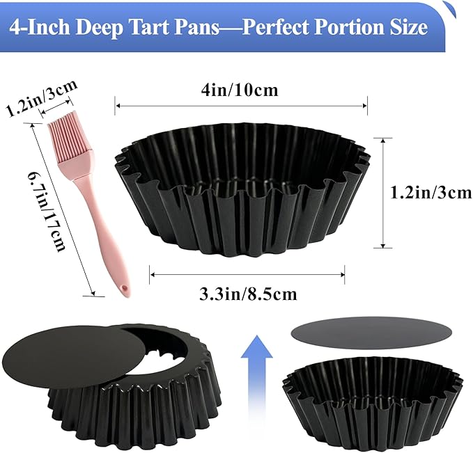 4 Pack Deep Tart Pans with Removable Bottom, 4-Inch Nonstick Quiche Pan with Silicone Basting Pastry Brush for Baking Treats, Pie, Quiches, Tartlets