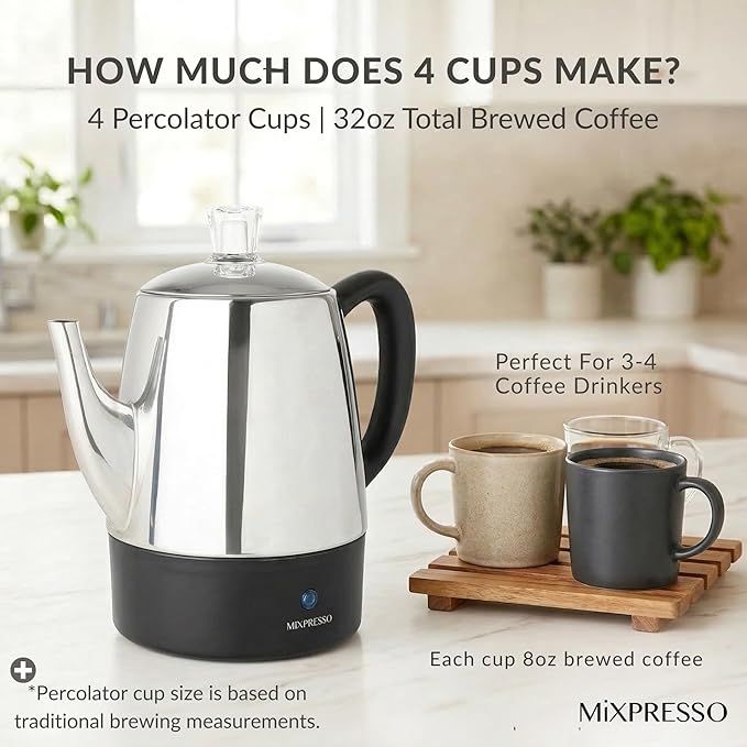 Mixpresso Small Electric Percolator Coffee Pot 4 Cup Stainless Steel - Coffee Percolator Electric with Keep Warm Function - Auto Shut-Off for Safe Daily Brewing