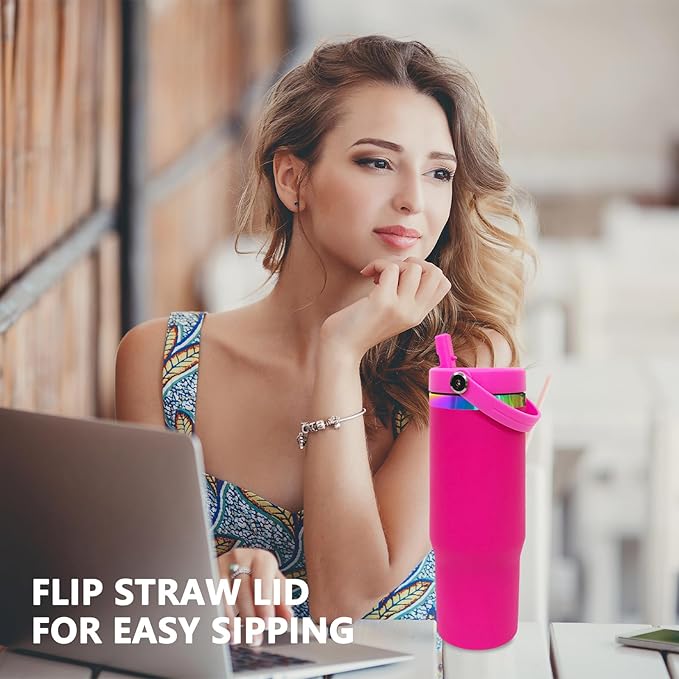 30 oz Tumbler Bulk with Handle and Straw, Vacuum Insulated Tumblers with Flip Straw and Top Handle, Leakproof Powder Coated Tumbler, Stainless Steel Travel Mug for Coffee Water (Rosy, 8 Pack)