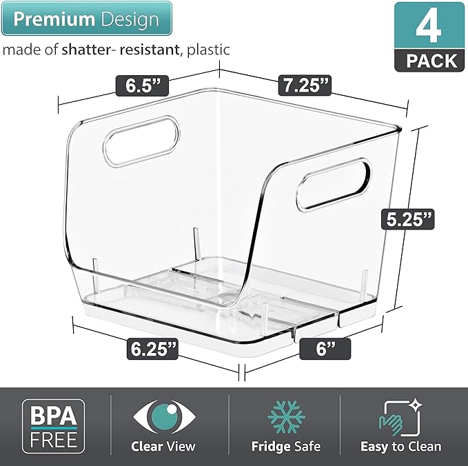 Sorbus Stackable Storage Bins Open Front, Clear Stackable Storage Bins, Pantry Bins for Storage and Organization, Acrylic Stackable Bins for Kitchen, Clear Pantry Organizer Bins (Small Square 4 Pack)