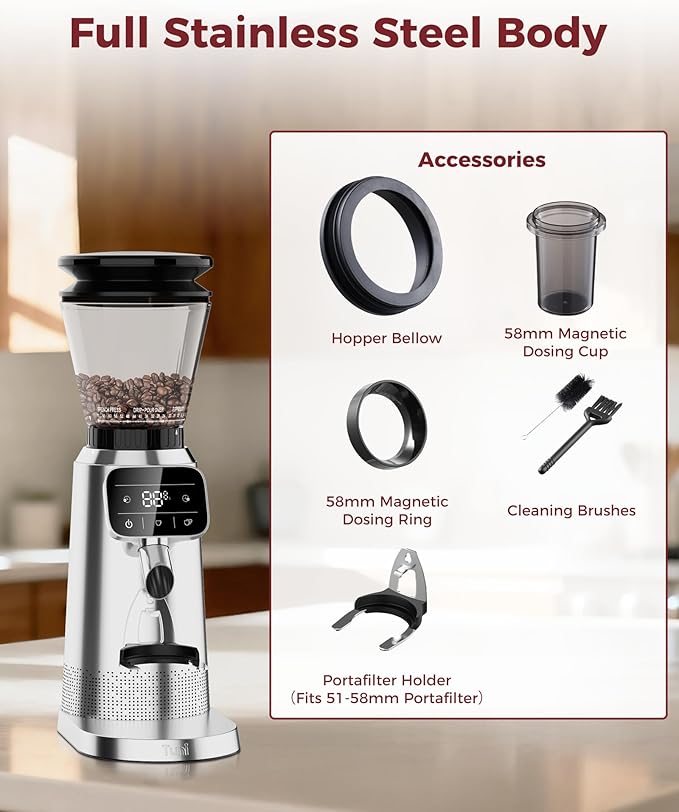 Tuni G2 Conical Burr Coffee Grinder, 70 Grind Settings Anti-static Burr Mill, Precision Electronic Timer and LED Touchscreen for Espresso/Drip/Cold Brew/French Press, Stainless Steel