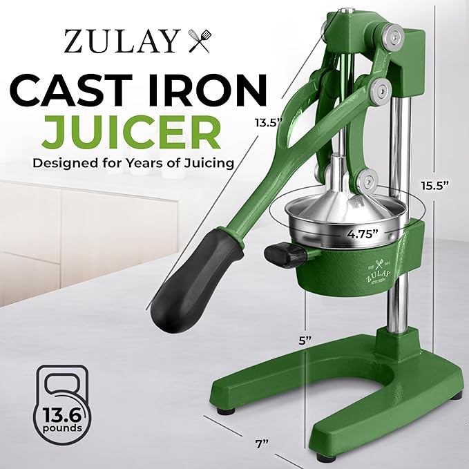 Zulay Kitchen Cast Iron Juicer - Heavy Duty Manual Juicer with Detachable Strainers for Easy Cleaning, Orange Juice Press for Citrus Fruits, Perfect for Bartenders, Juice Lovers & Health Enthusiasts