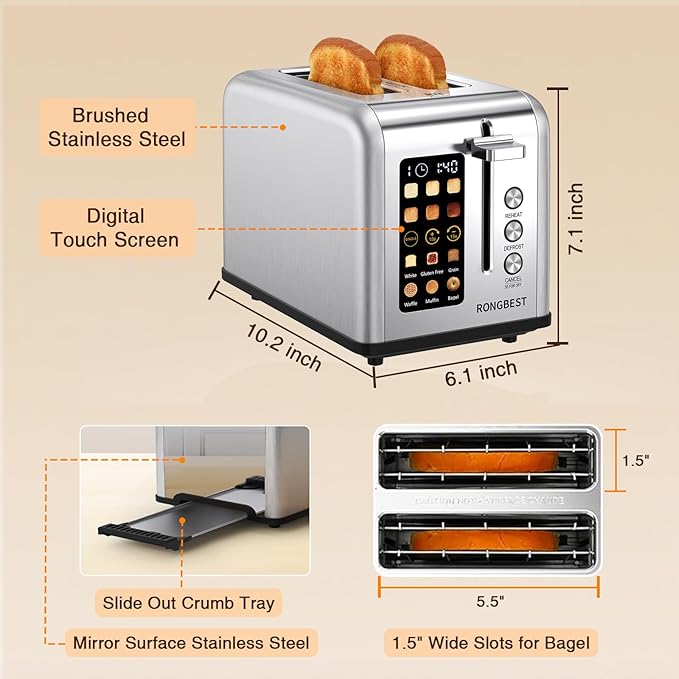 2 Slice Touch Screen Toaster with Wide Slots Stainless Steel Toasters Even Toasting for Bagels & Bread, Reheat & Defrost, Easy Removable Crumb Tray, Silver