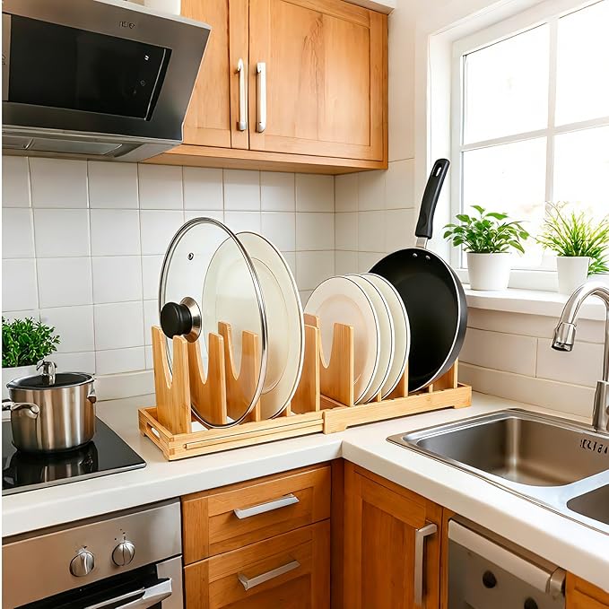Pot and Pan Organizer for Under Cabinet, Expandable Pot Lid Organizer with 10 Adjustable Dividers, For Kitchen Cabinet Organizers and Storage