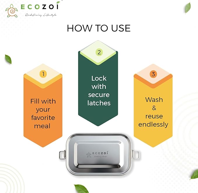 ecozoi Stainless Steel Lunch Box, Leak Proof 1 Tier Eco Metal Bento Box | Bonus Pod And Redesigned Silicone Seal | Sustainable Zero Waste Eco Friendly Food Storage Container