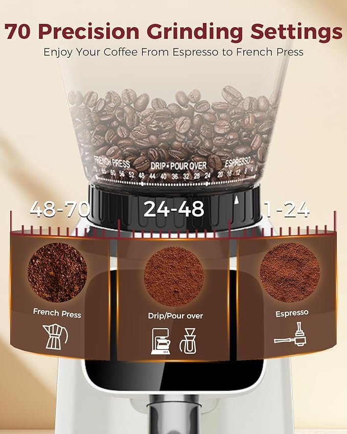 Tuni G2 Conical Burr Coffee Grinder, 70 Grind Settings Anti-static Burr Mill, Precision Electronic Timer and LED Touchscreen for Espresso/Drip/Cold Brew/French Press, Stainless Steel, Ivory