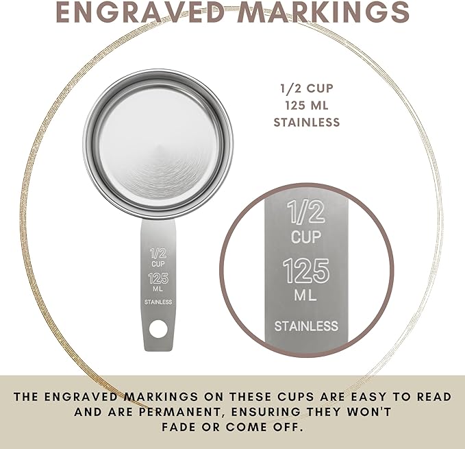 1/2 Cup Stainless Steel Measuring Cup | Sturdy Metal 125 ml | 125 cc | 4 oz | Single Cup for Wet and Dry Ingredients | Great for use as 1/2 Cup Dog Food Scoop - 12 PK