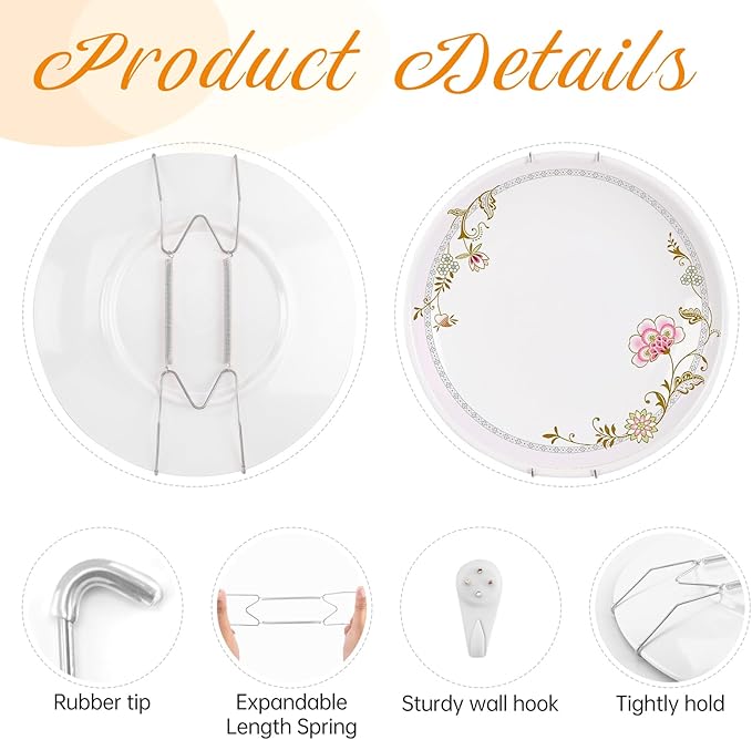 Bilillo 14 Pcs Plate Hangers for Wall - 6/8/10/12/14 Inch Invisible Plates Hanger, Stainless Steel Plate Holders with 14 Pieces Wall Hooks for 5.5 to 15.5 Inch Decorative Plates and Arts (Silver)