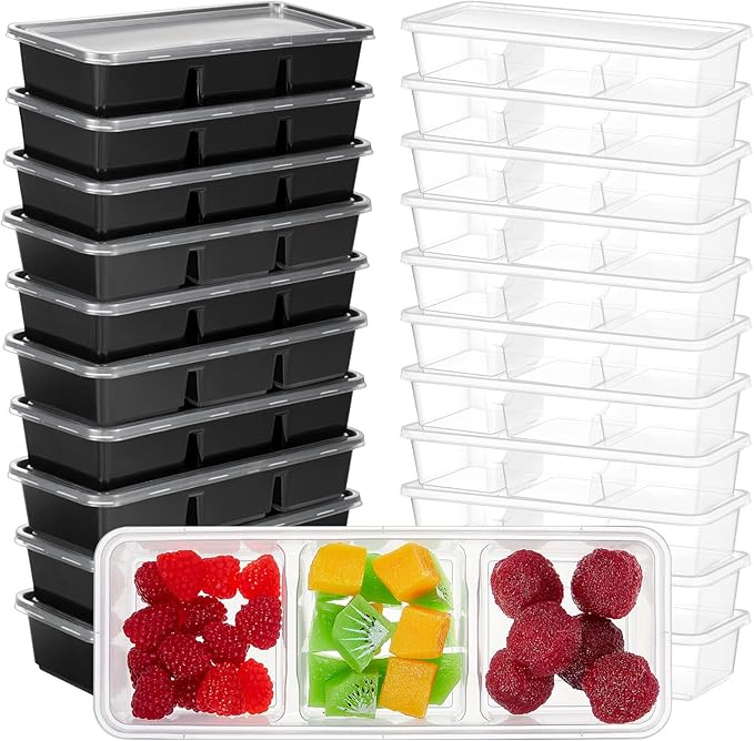 Hushee 50 Pack 17 oz Small Meal Prep Containers with 3 Compartments Snack Containers with Lid Disposable Plastic Bento Box Travel Lunch Food Boxes Stackable for Office Picnic (Black,Clear)