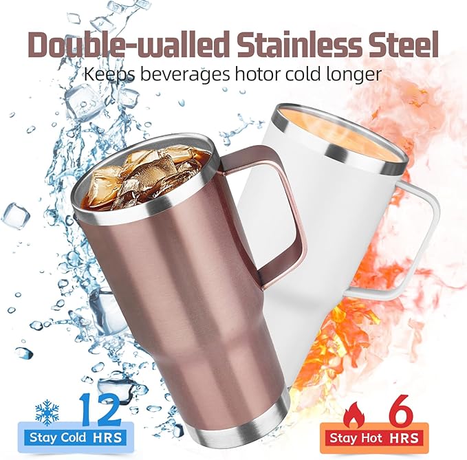 20 oz Tumbler with Handle Stainless Steel Insulated Coffee Tumbler with Lid and Straw Double Wall Vacuum Insulated Coffee Mug Leak Proof Travel Mug Tumbler for Hot and Cold Drink (Rose Gold,4pack)