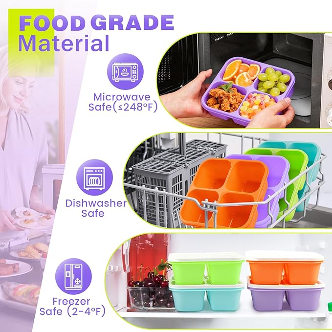 4 Pack Snack Containers Bento Box Adult Lunch Box,Meal Prep Container, Reusable Food Storage lunch Containers Stackable for Work, Travel and Gym (Grass Green, Pink, Green, Purple)
