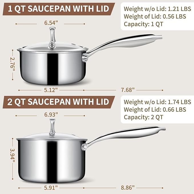 EWFEN 3 Ply Stainless Steel Sauce Pan Set with Lids, 1 & 2 Quart Multipurpose Cooking Pot, Stay-Cool Handle, Induction Oven Dishwasher Safe, 1QT & 2QT