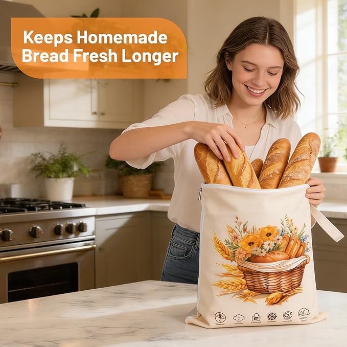 Reusable Bread Bags for Homemade Bread 2 Pack, L-shaped Zipper Beeswax Bread Bag for Easy Access, Exquisite Floral Print, Freezer Safe Breathable Cotton Beeswax Bread Bags for Sourdough