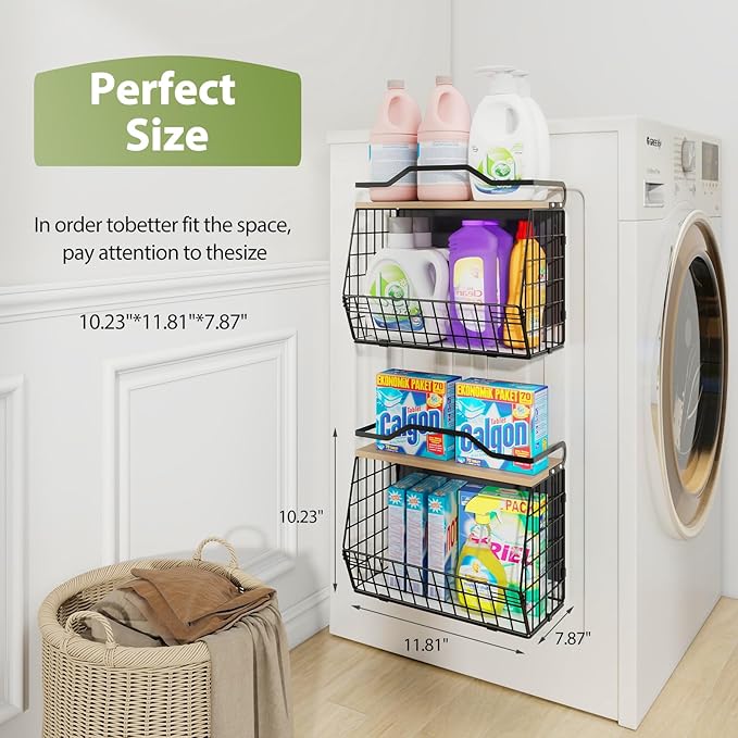 Wawocs Magnetic Shelf for Fridge with Wood Lid, 2 Tier Fruit Baskets Wall Mounted Hanging Basket with 4 Hanger Hooks, Potato and Onion Magnetic Storage Bins for Kitchen Counter, Refrigerator, Cabinet