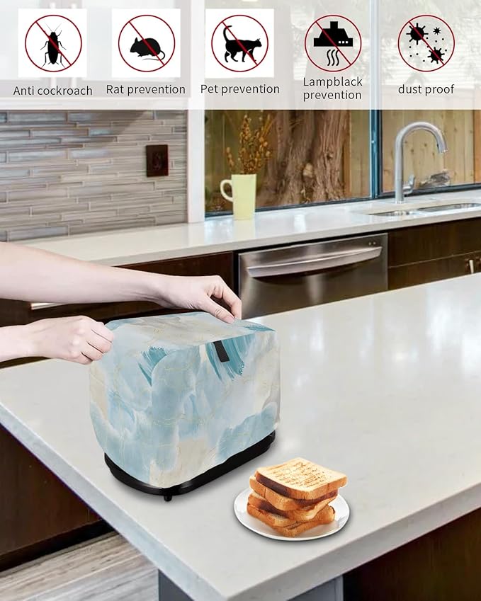 Teal Ombre Marble Toaster Cover 2 Slice - Small Kitchen Appliance Protection With Loop, Yellow Modern Geometric Abstract Art Design for Bread Machine, Polyester Dust Cover