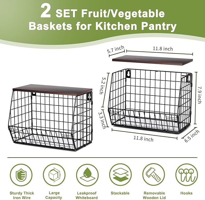 Wawocs Fruit Basket for Kitchen Counter 2 Tier Fruit Bowl, Stackable Wall Mounted Hanging Fruit Basket Wire Baskets with Wood Lid with 4 Banana Hanger Hooks, Onion Basket, Fruit and Vegetable Storage