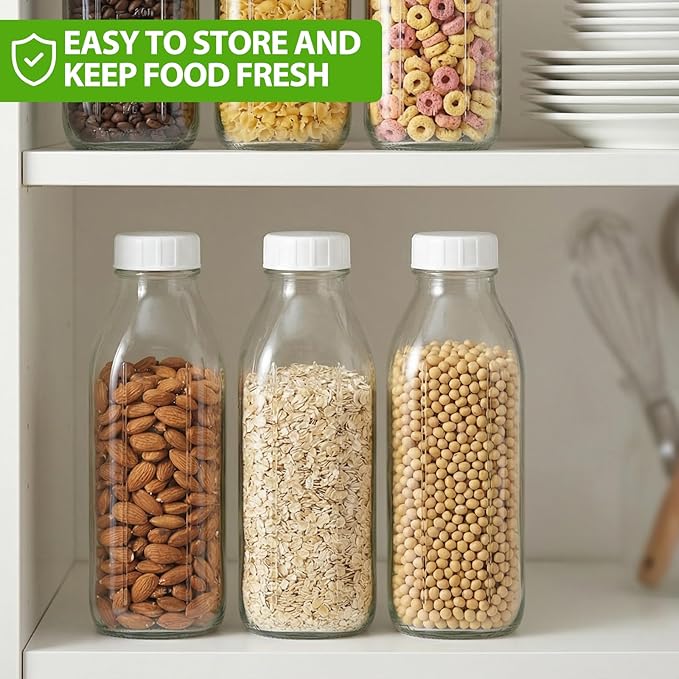 CUCUMI Moretoes 32 Oz Glass Milk Bottle with Reusable Strong Airtight Screw Lid, Reusable Glass Juice Bottles, Water Jug Breast Milk Pitcher, Buttermilk, Nut, Juice, Syrup, Coffee Creamer (2 Pack)