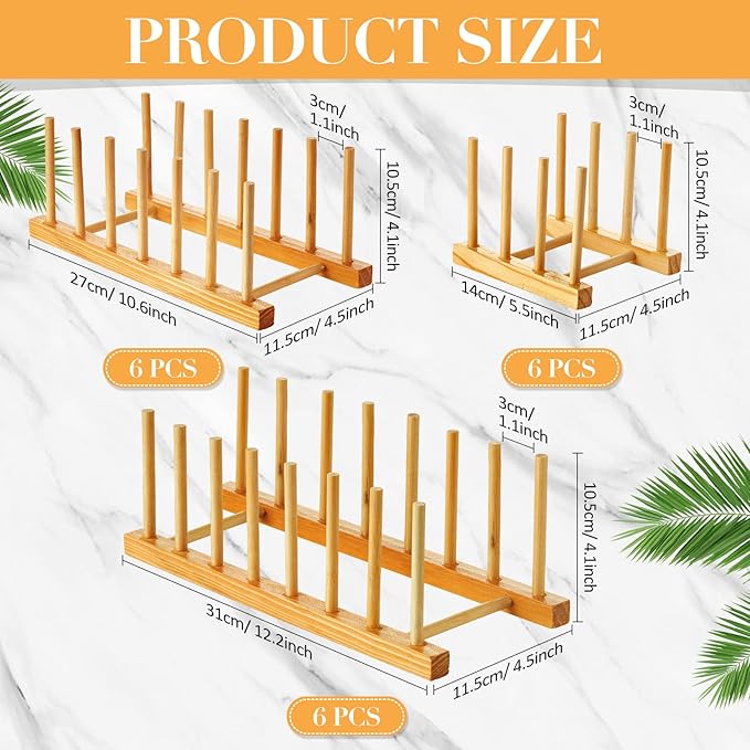 Zopeal 18 Pcs Bamboo Wooden Plate Racks Dish Rack Stand Holder 3/6/ 7 Slots Drainboard Drying Drainer Kitchen Cabinet Organizer for Dish Plate Bowl Cup Pot Lid Book