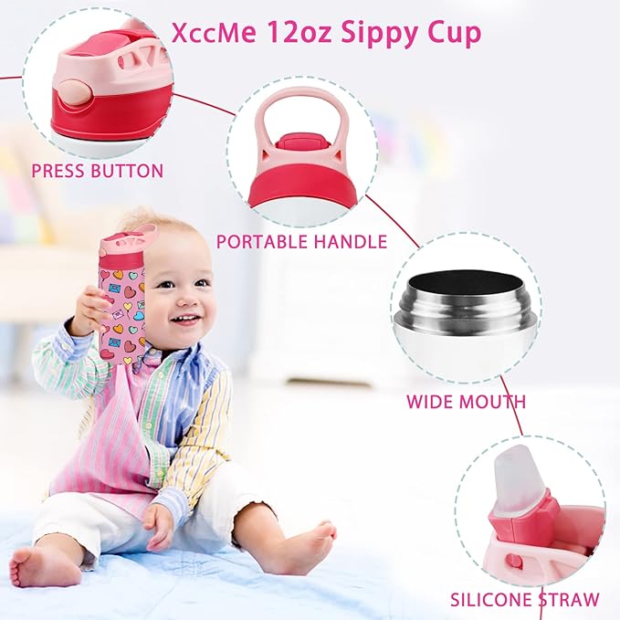 Kids Sublimation Tumbler,12oz Sublimation Water Bottle Blanks,Straight Stainless Steel Todder Sippy Cup,2PACK Double Wall Insulated Sippy Tumbler with Handle,Shrink Films,Leak Proof Pink