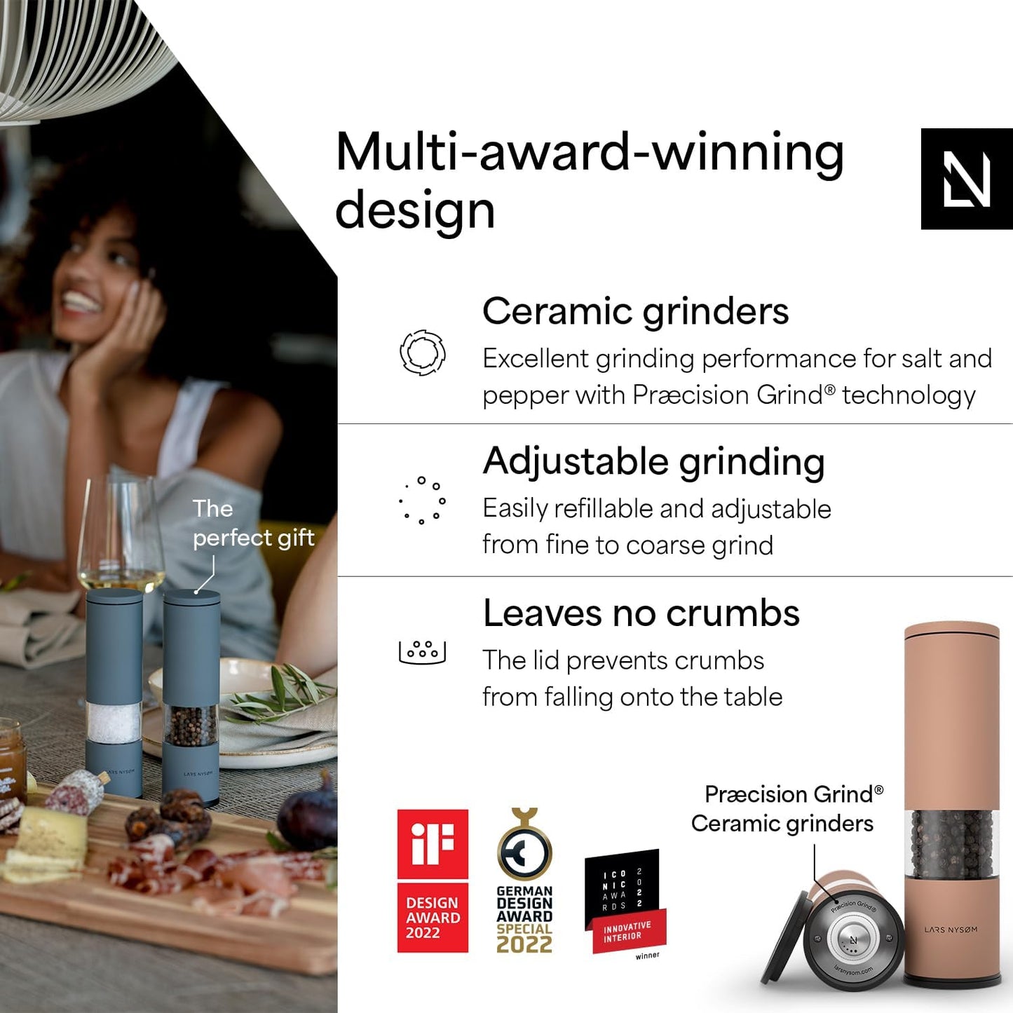 LARS NYSØM Salt and Pepper Grinder Set Manual, Stainless Steel Salt and Pepper Mills with Adjustable Ceramic Grinder I Design Spice Shakers (Blush Rose)
