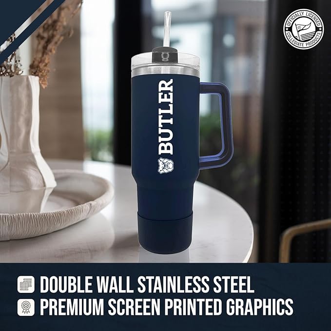 Campus Colors College & University 40 oz Travel Tumbler With Handle - Dual Option Lid With Straw - Vacuum Insulated Stainless Steel (Butler Bulldogs - Navy)